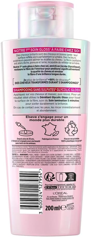 L'Oréal Paris - Routine Capillaire Complète pour Cheveux Ternes - Shampooing + Démêlant + Soin Lamination - Acide Glycolique - Sans Sulfates - Elseve Glycolic Gloss - 3 Produits