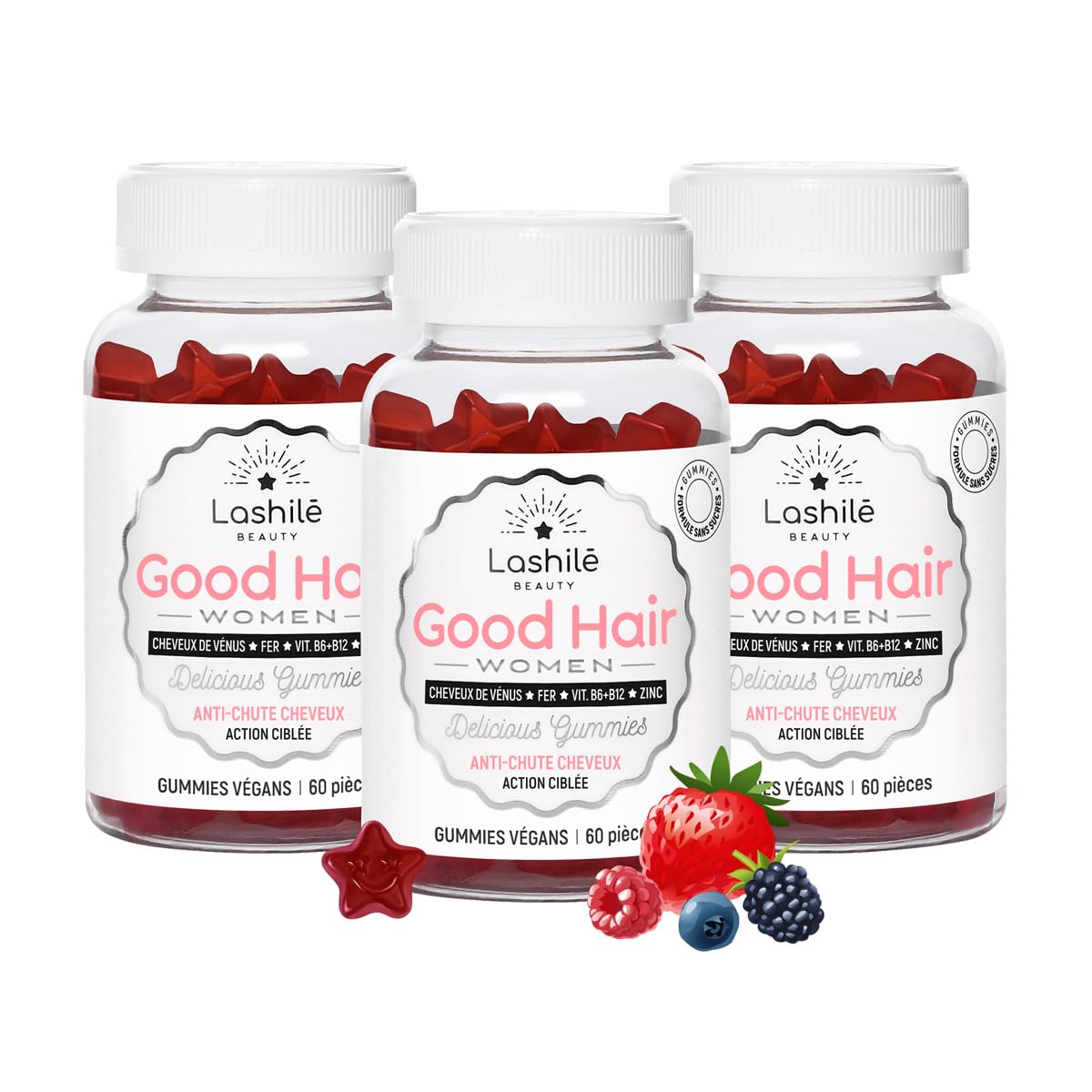 Lashilé Beauty - Good Hair Women - Anti-Chute de Cheveux -Compléments Alimentaires - Made in France - Cheveux de Venus, Biotine, Fer, Zinc, MSM, Vitamine B6, B12 - Cure 1 mois - 60 Gummies