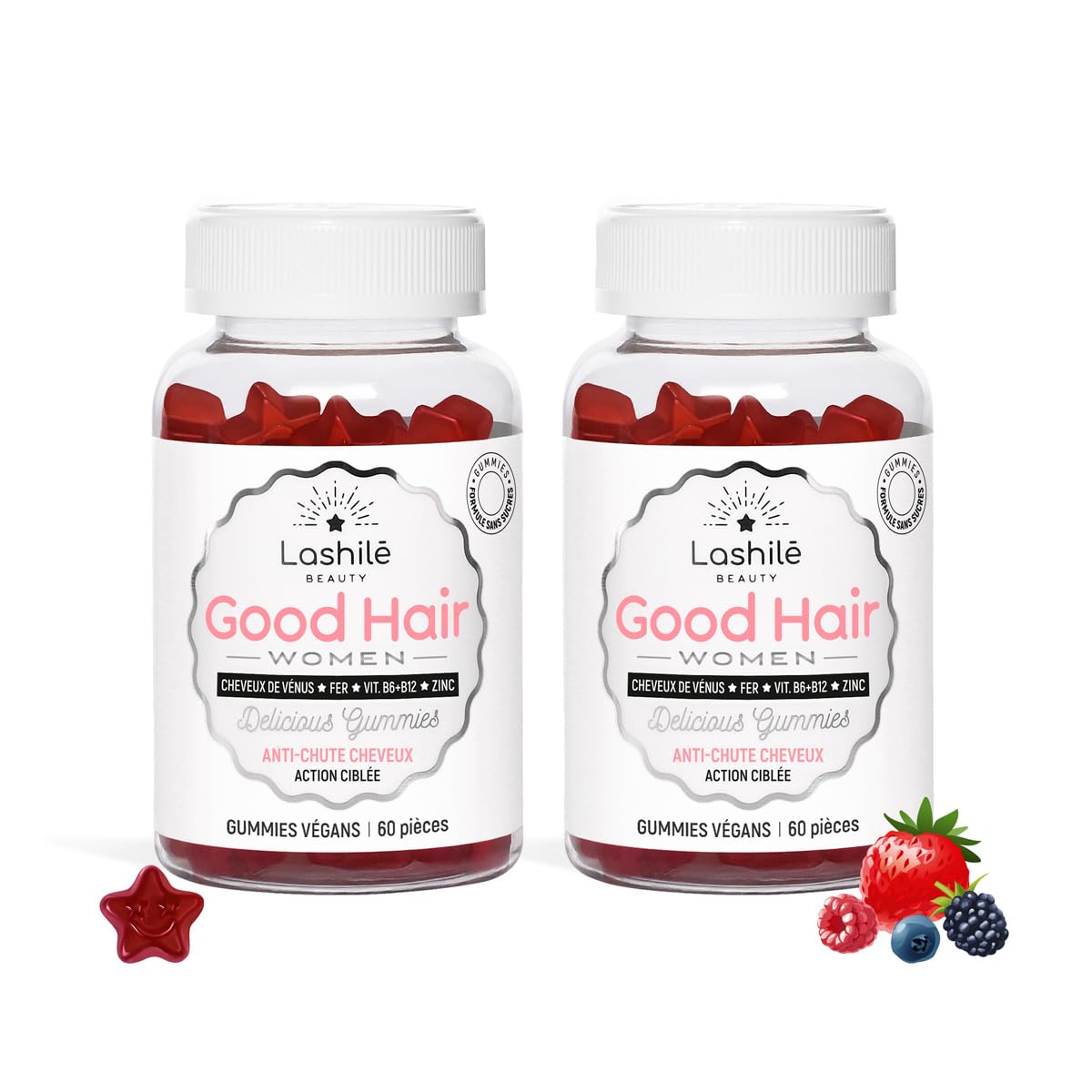 Lashilé Beauty - Good Hair Women - Anti-Chute de Cheveux -Compléments Alimentaires - Made in France - Cheveux de Venus, Biotine, Fer, Zinc, MSM, Vitamine B6, B12 - Cure 1 mois - 60 Gummies