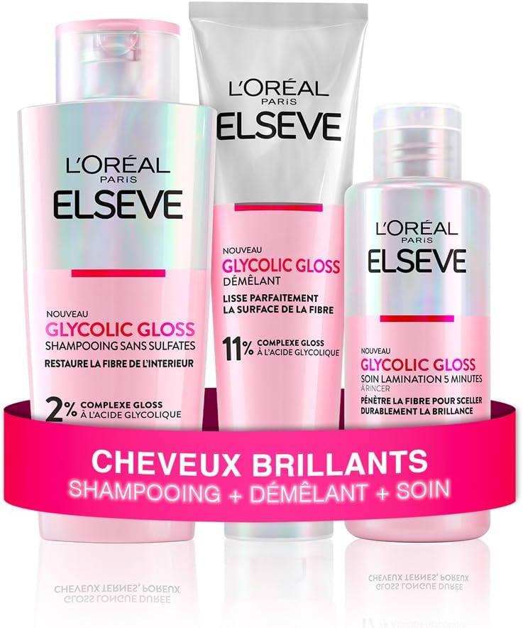 L'Oréal Paris - Routine Capillaire Complète pour Cheveux Ternes - Shampooing + Démêlant + Soin Lamination - Acide Glycolique - Sans Sulfates - Elseve Glycolic Gloss - 3 Produits