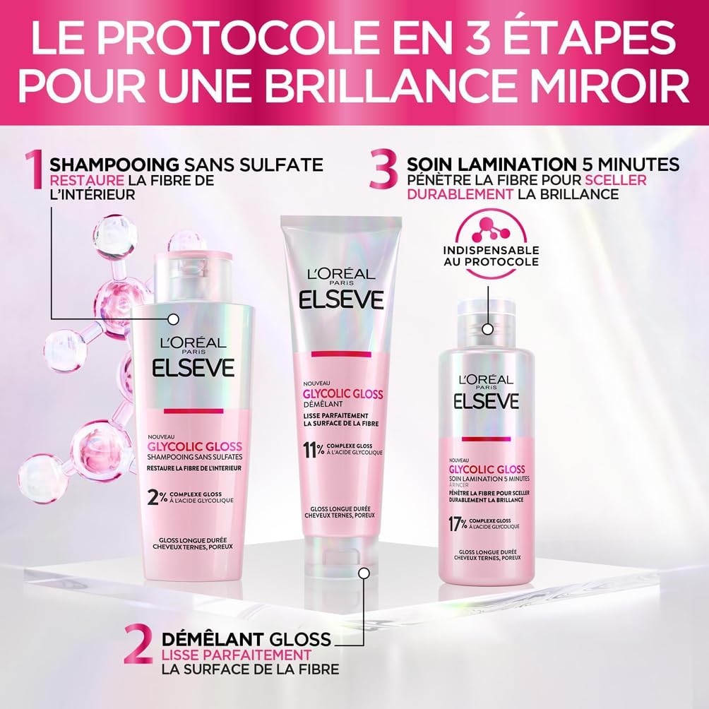 L'Oréal Paris - Routine Capillaire Complète pour Cheveux Ternes - Shampooing + Démêlant + Soin Lamination - Acide Glycolique - Sans Sulfates - Elseve Glycolic Gloss - 3 Produits