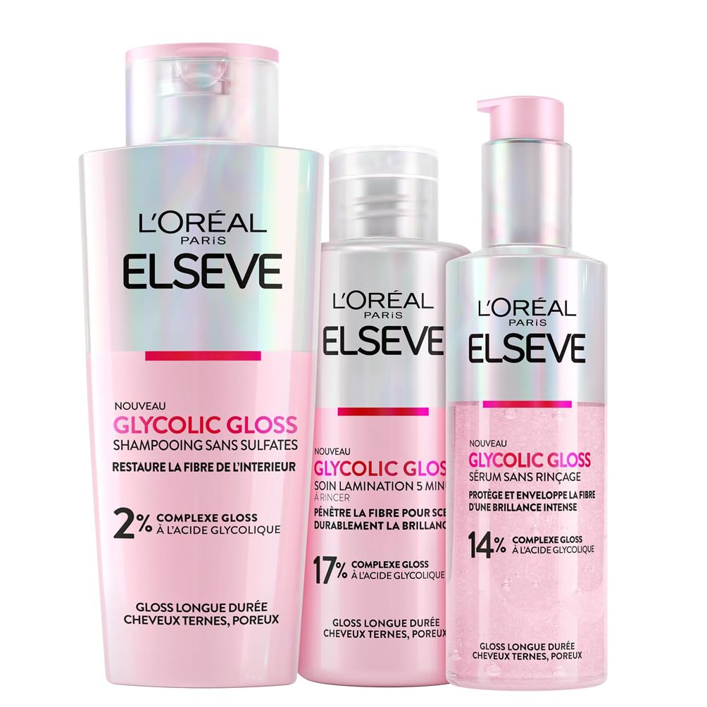 L'Oréal Paris - Routine Capillaire Complète pour Cheveux Ternes - Shampooing + Démêlant + Soin Lamination - Acide Glycolique - Sans Sulfates - Elseve Glycolic Gloss - 3 Produits