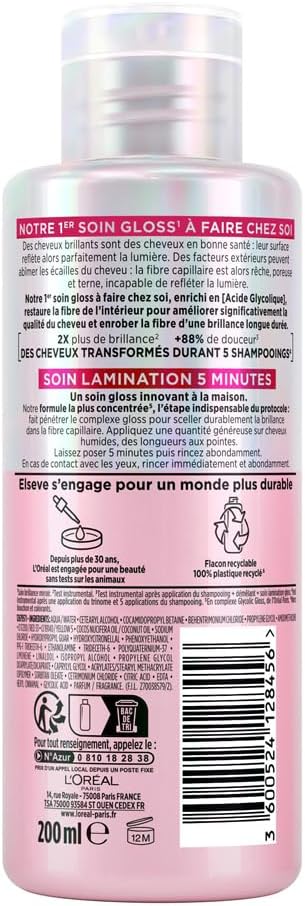 L'Oréal Paris - Routine Capillaire Complète pour Cheveux Ternes - Shampooing + Démêlant + Soin Lamination - Acide Glycolique - Sans Sulfates - Elseve Glycolic Gloss - 3 Produits