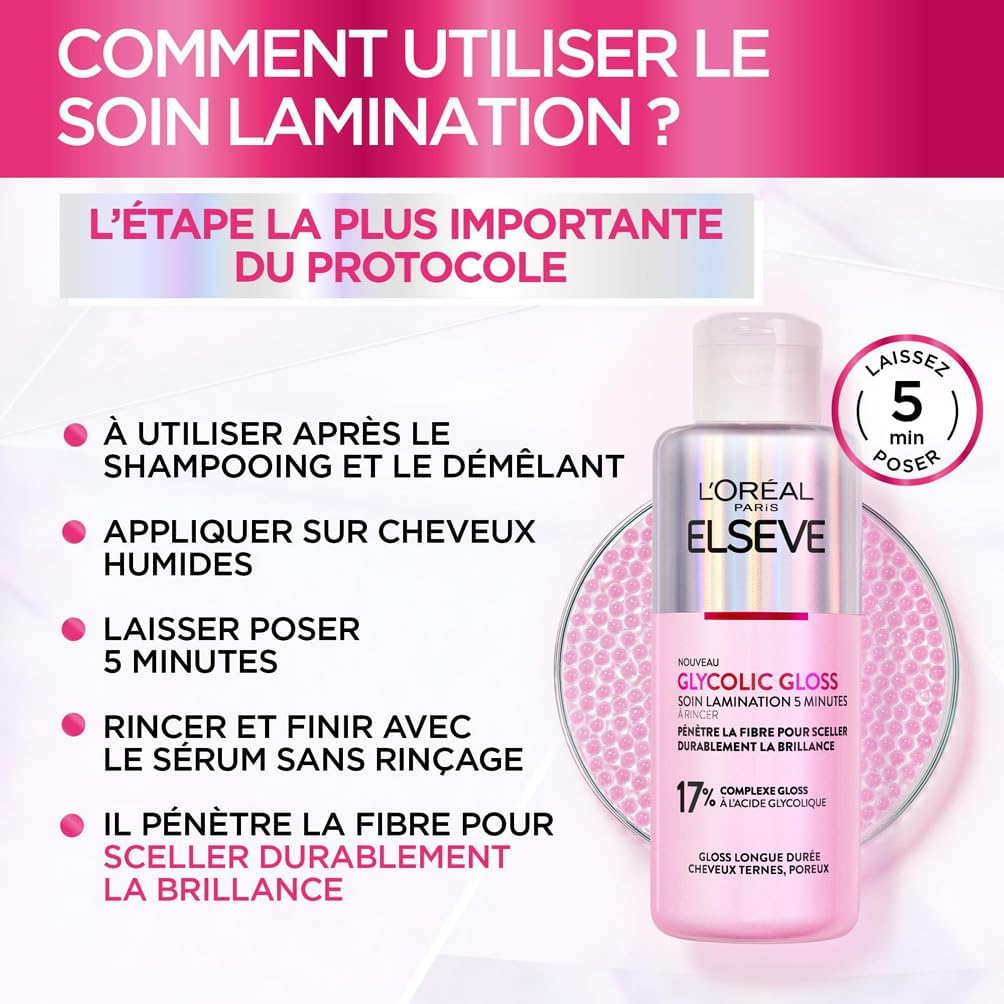 L'Oréal Paris - Routine Capillaire Complète pour Cheveux Ternes - Shampooing + Démêlant + Soin Lamination - Acide Glycolique - Sans Sulfates - Elseve Glycolic Gloss - 3 Produits
