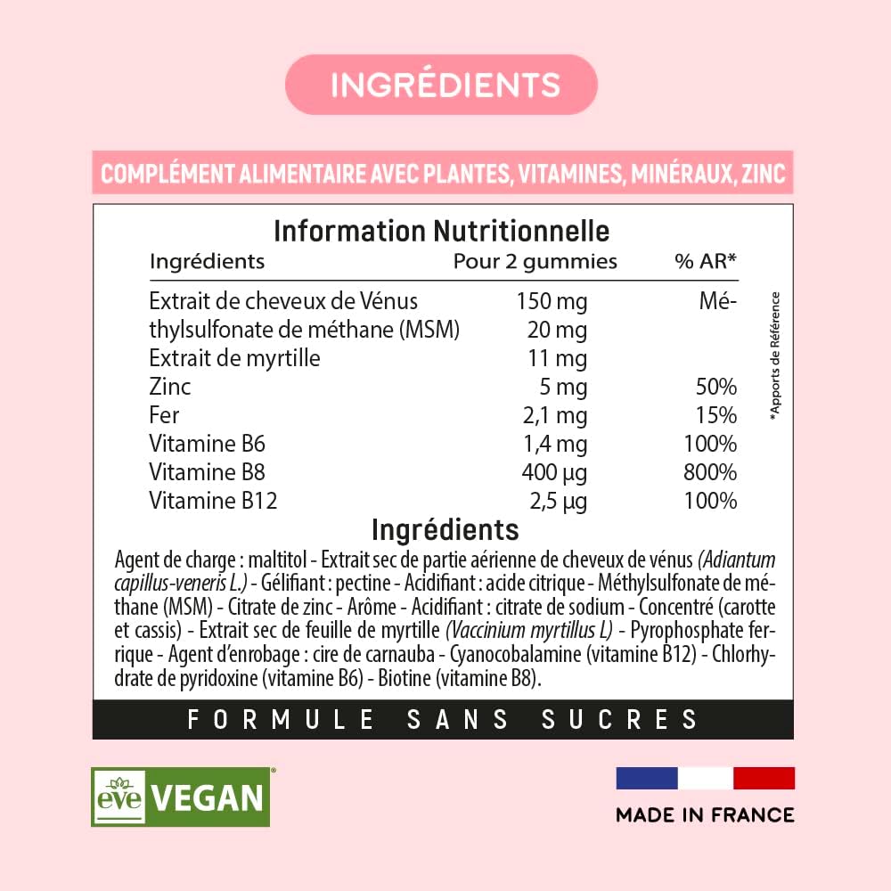 Lashilé Beauty - Good Hair Women - Anti-Chute de Cheveux -Compléments Alimentaires - Made in France - Cheveux de Venus, Biotine, Fer, Zinc, MSM, Vitamine B6, B12 - Cure 1 mois - 60 Gummies