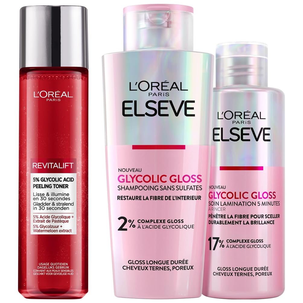 L'Oréal Paris - Routine Capillaire Complète pour Cheveux Ternes - Shampooing + Démêlant + Soin Lamination - Acide Glycolique - Sans Sulfates - Elseve Glycolic Gloss - 3 Produits