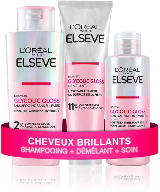 L'Oréal Paris - Routine Capillaire Complète pour Cheveux Ternes - Shampooing + Démêlant + Soin Lamination - Acide Glycolique - Sans Sulfates - Elseve Glycolic Gloss - 3 Produits