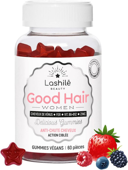 Lashilé Beauty - Good Hair Women - Anti-Chute de Cheveux -Compléments Alimentaires - Made in France - Cheveux de Venus, Biotine, Fer, Zinc, MSM, Vitamine B6, B12 - Cure 1 mois - 60 Gummies